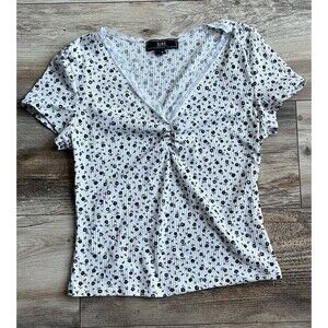 Vibe Sportswear Junior Shirt Women's White Floral Short Sleeve V-neck Top Size S